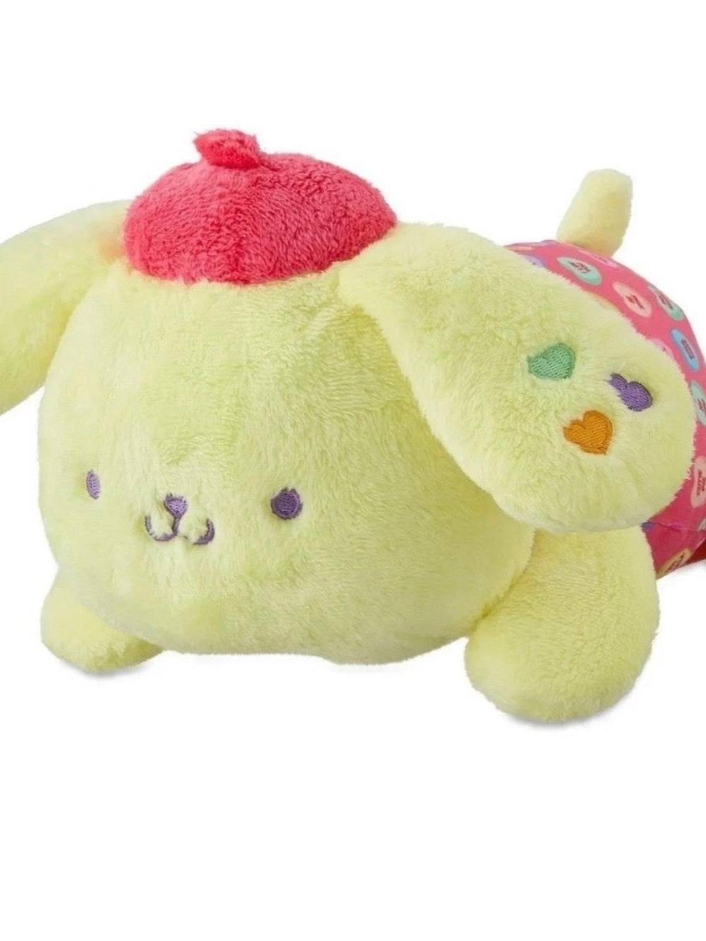 Sanrio Pompompurin Plush with Sweethearts Candy Print Fabric